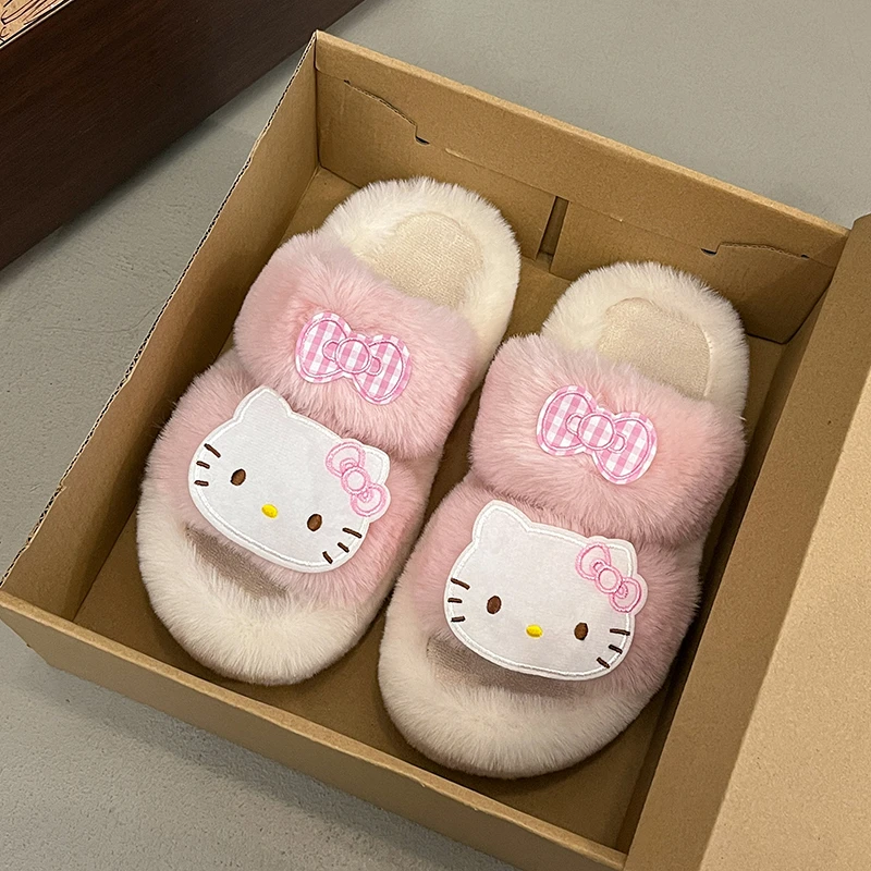 可爱毛绒绒卡通凯蒂小猫毛毛拖鞋女款2025秋冬新款保暖地板棉拖鞋