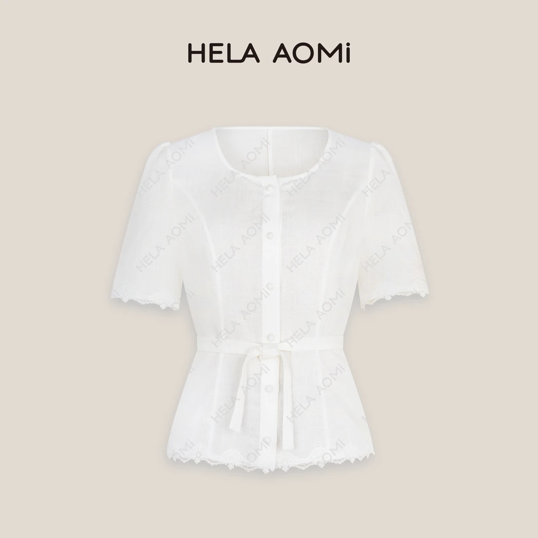 HELA AOMI“丝麻衬衫”天丝亚麻优雅风圆领单排扣衬衫CY5BX12015