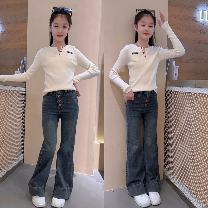 女童微喇裤子2025新款秋装儿童洋气时髦中大童韩系彩色扣子牛仔裤