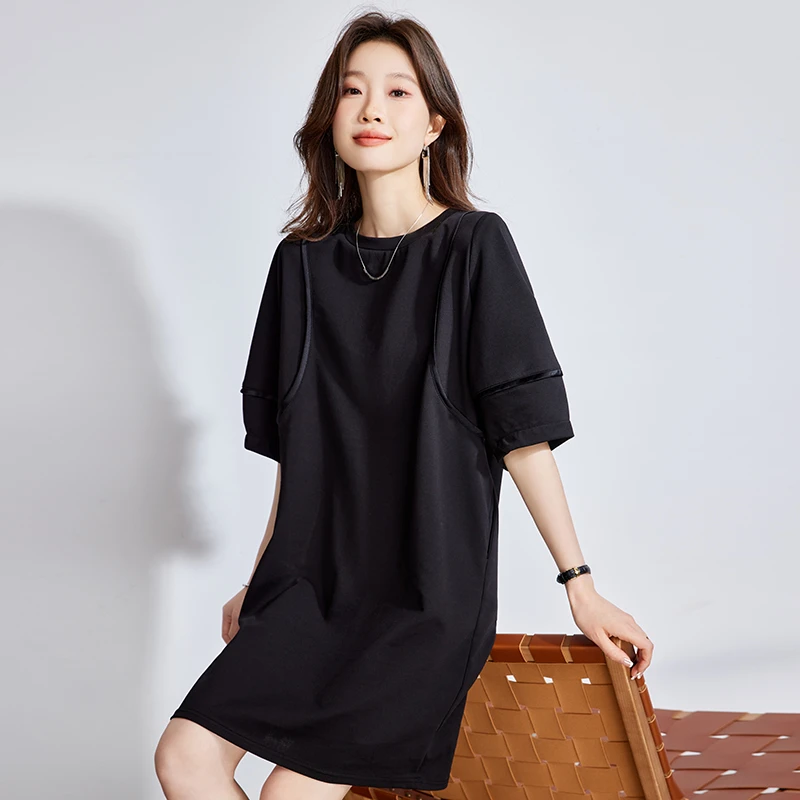 哥弟阿玛施正品时尚中长款T夏休闲小众五分袖气质纯色黑色连衣裙