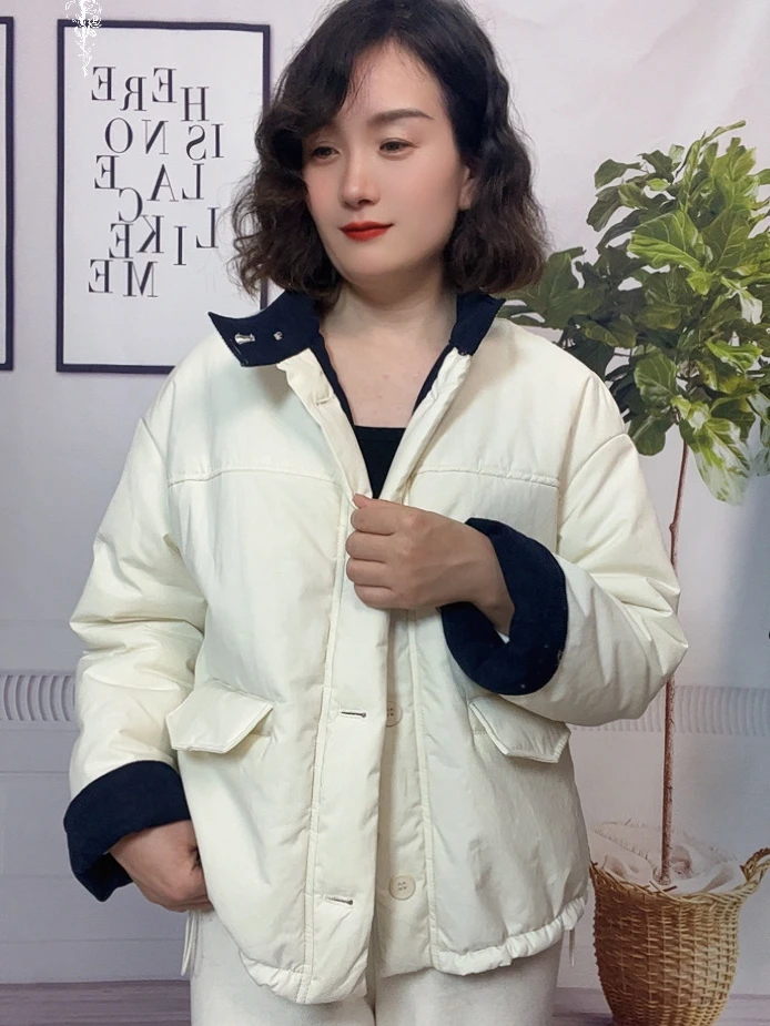 韩版休闲女棉服长袖撞色棉衣秋冬季厚款拼接透气保暖