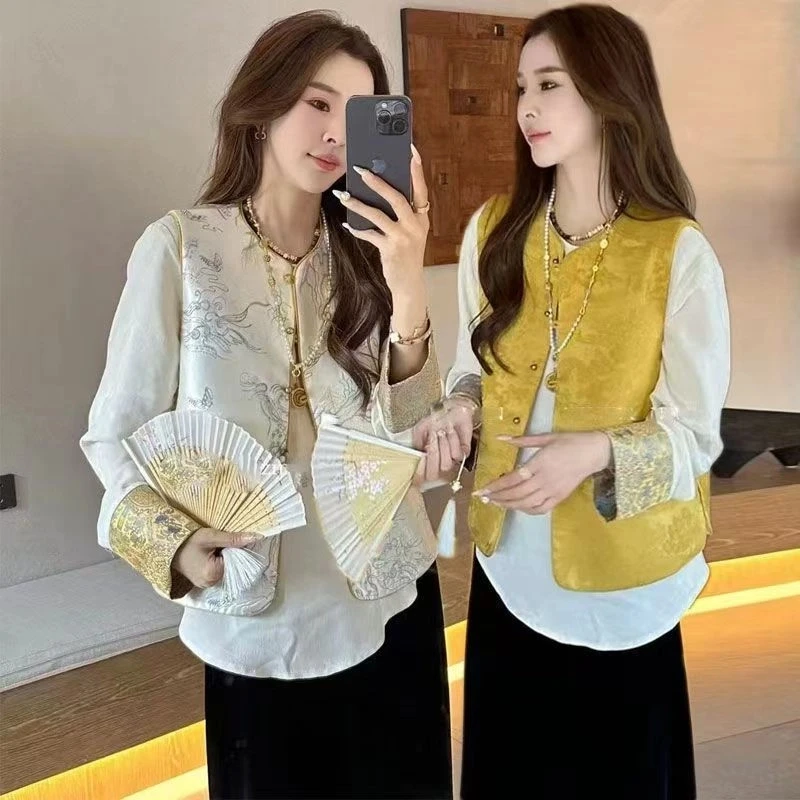 春秋两面穿国风马甲女刺绣背心宽松衬衫两件套春新款新中式外套潮