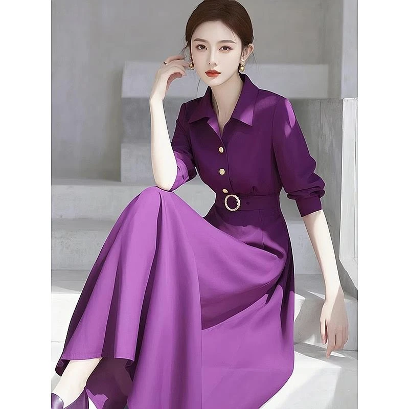大码胖mm高级感紫色衬衫连衣裙2025新款流行爆款法式气质收腰裙子