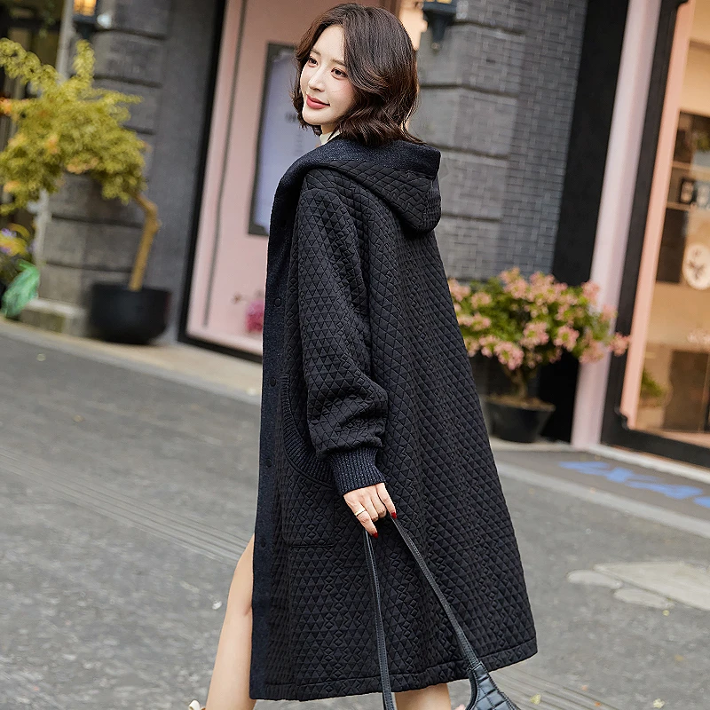 夹棉外套女中长款2025秋冬季新款休闲连帽宽松大码复古棉大衣棉服