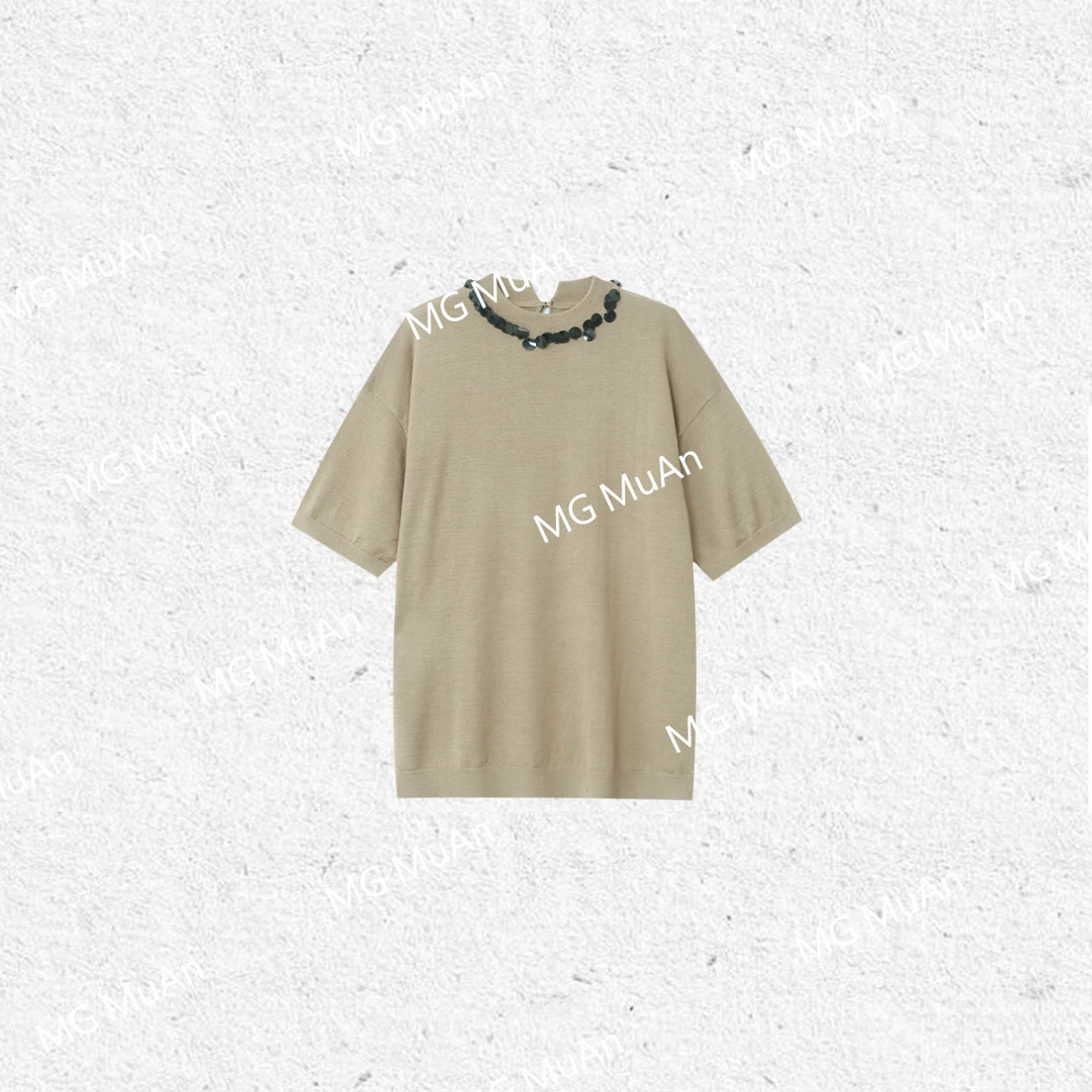 【巴素兰亮片T】MUAN定制330克巴素兰羊毛针织半袖上衣女DG3-080