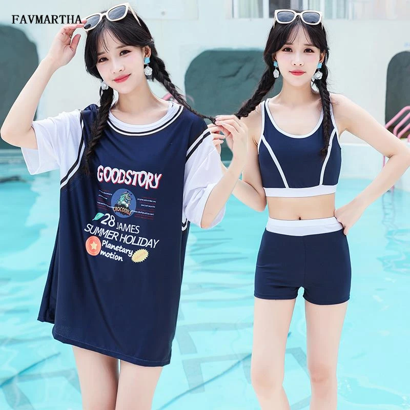 分体泳衣女三件套2025新款大码泡温泉日系保守学生显瘦遮肚夏装