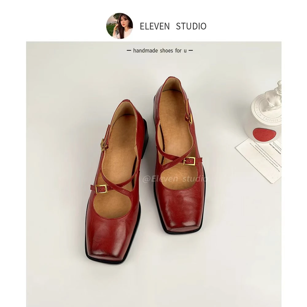 【王11】小众复古金属交叉绑带擦色玛丽珍单鞋 4.5CM/美学