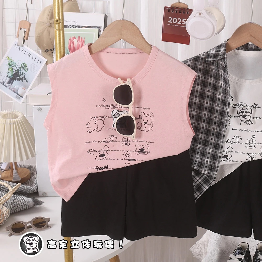 儿童无袖套装莱赛尔立体布偶新款字母图案印花圆领t恤百搭套装