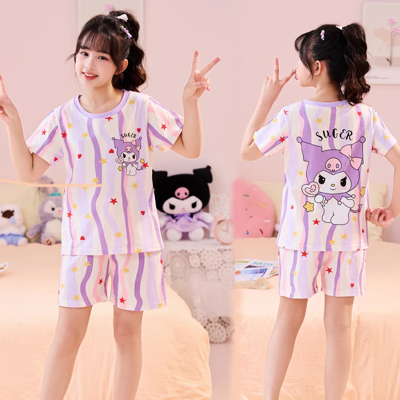 儿童睡衣夏季棉质女童短袖短裤卡通可爱洋气薄款中大童亲子家居服