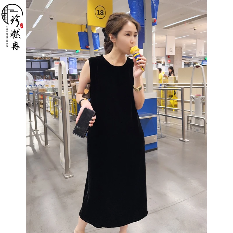 【珍珍新中式】【经典丝绒】新百搭时尚显瘦纯色无袖连衣裙Q-61455