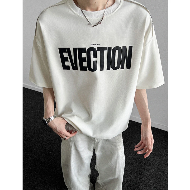 美式拉链设计感短袖T恤男款夏季潮牌半袖体恤宽松高街痞帅五分袖