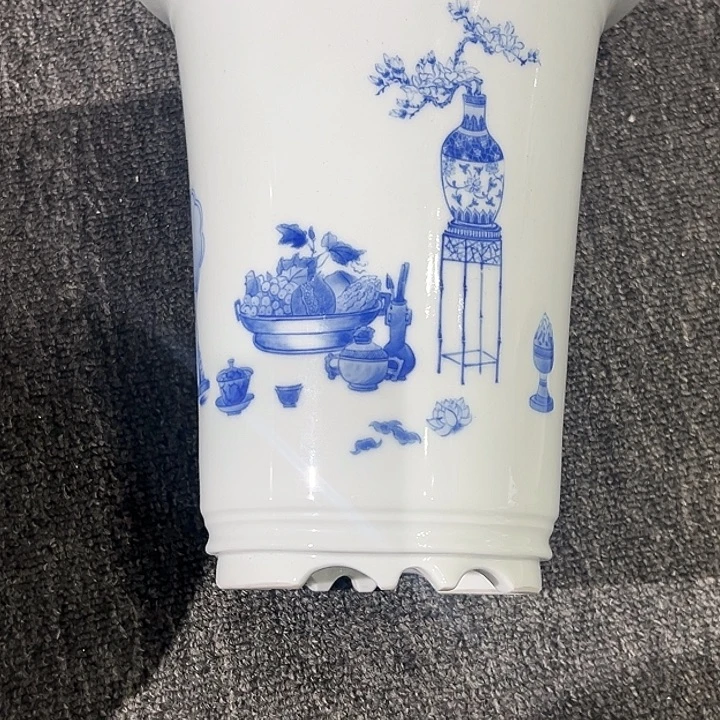 醉***手青花博古陶瓷花盆