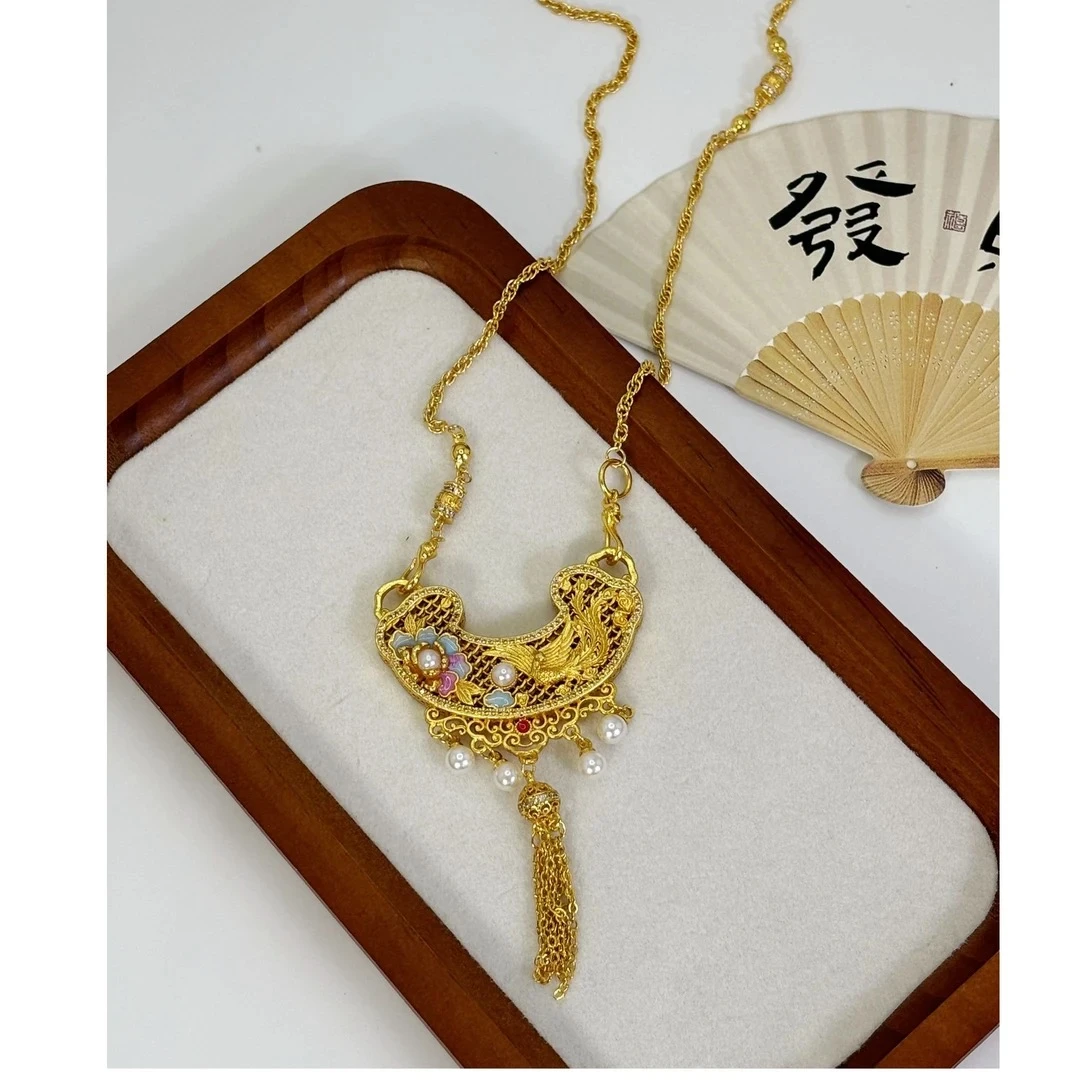 铜合金项链 新中式凤穿牡丹流苏吊坠凤凰牡丹花花丝项链