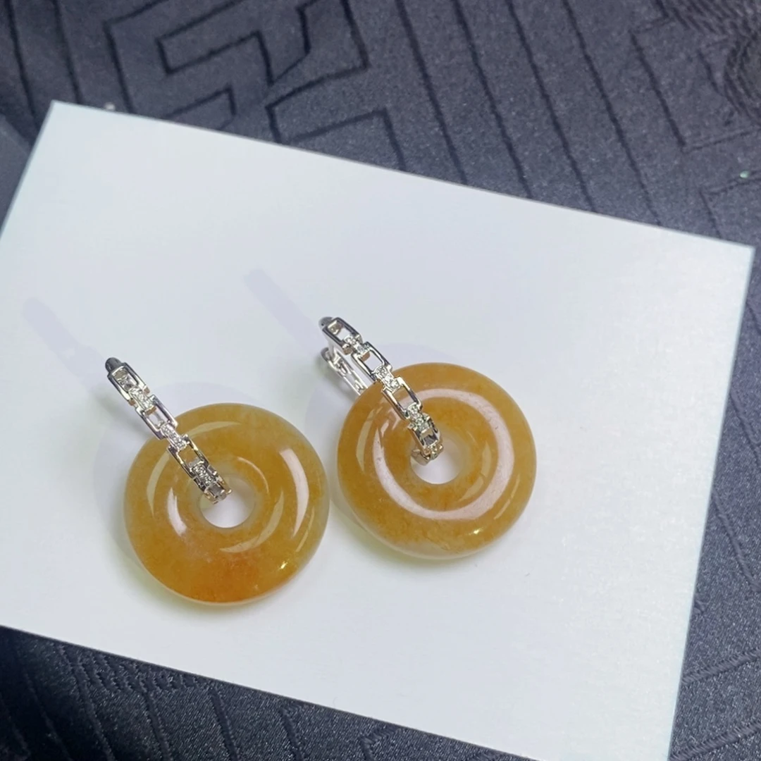 翡翠18K金镶嵌耳饰链条耳包➕甜甜圈