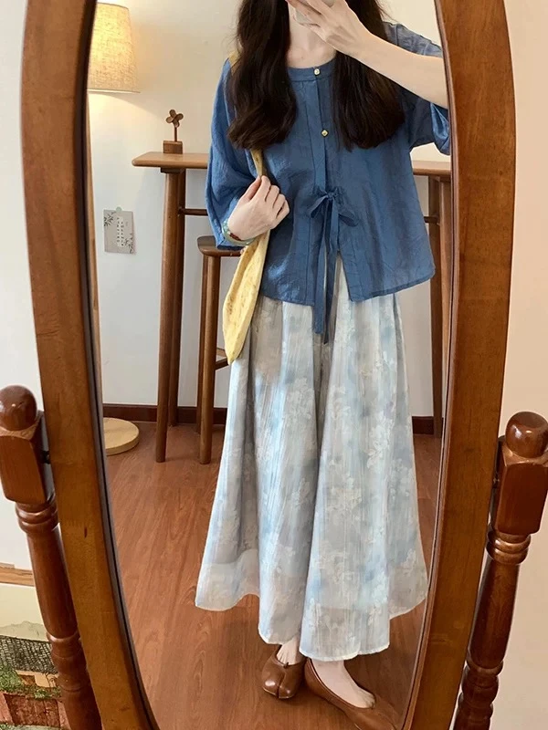 2025夏季新款清冷松弛感穿搭新中式国风蓝色衬衫阔腿裤两件套装女