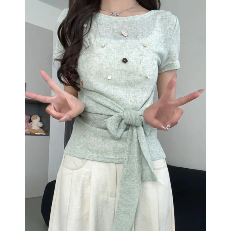 韩系百搭薄荷绿贝壳立体装饰蝴蝶结绑带短袖女2025夏宽松显瘦上衣