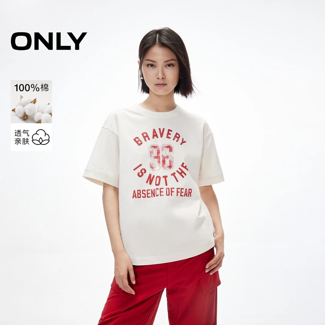 ONLY夏季做旧字母印花纯棉宽松落肩圆领T恤女松弛感|125101130