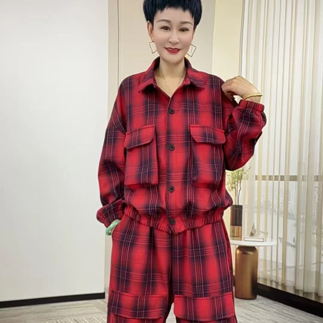 2025新款口袋格子短款休闲经典女装翻领时尚百搭宽松长袖两件套