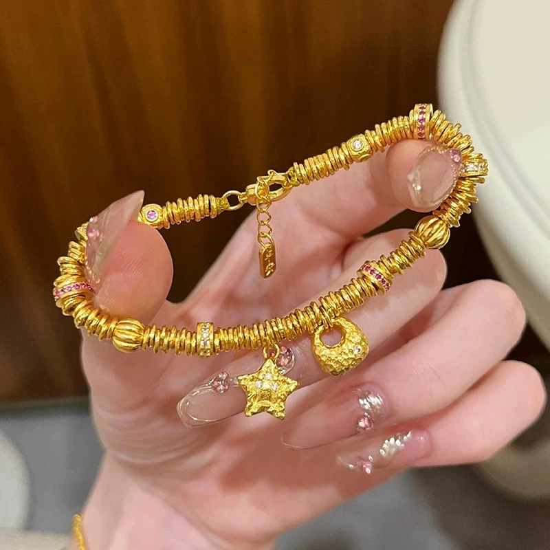 瑞诺黄金小金坨星星盘缠手链新款足金999跑环碎金手串礼物送女友