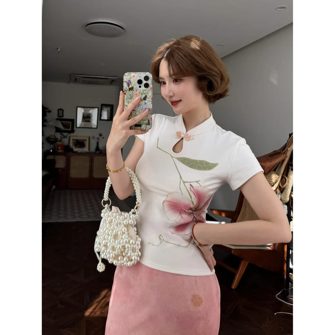 蕾英俊-桃之夭夭-春季新中式立领修身印花短袖+粉色印花鱼尾半裙