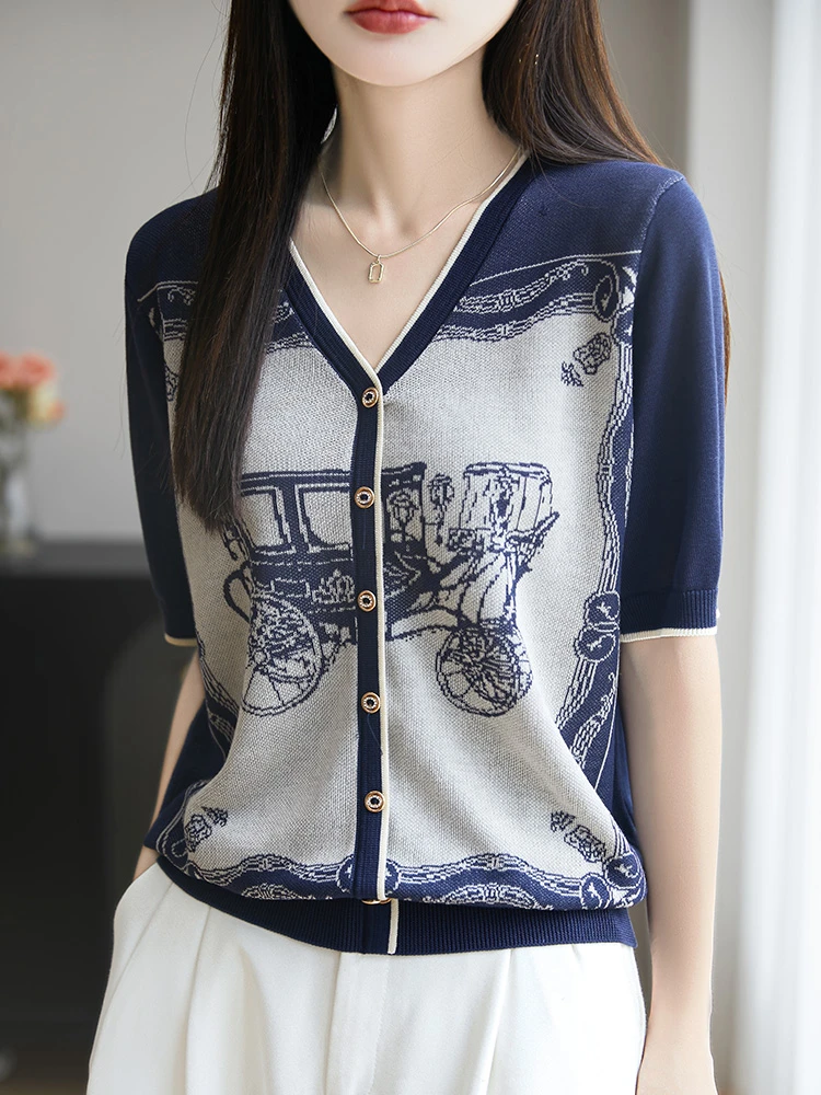 100%莱赛尔天丝针织五分袖女V领法式复古老爷车短袖T恤宽松打底