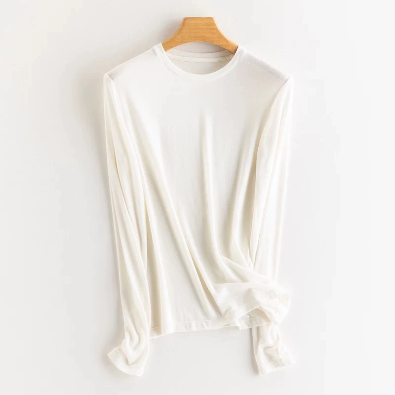 【绵软】超柔莫代尔丝光羊毛针织衫白色长袖T恤内搭打底衫纯色