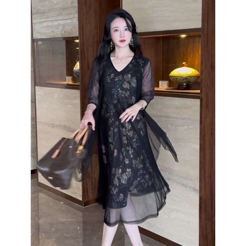 2619#大码复古优雅v领连衣裙子2025春夏季新款胖mm显瘦减龄妈妈装