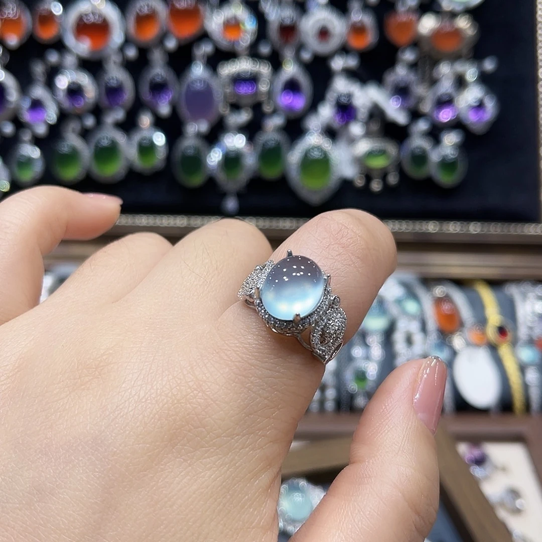 有***爱蛇纹石玉银S925镶嵌戒指