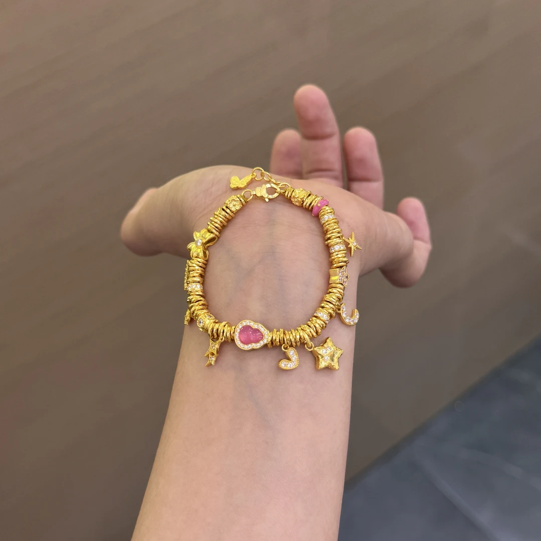 【菠萝珠宝】足金999 时尚点钻粉色好运葫芦手链  净金重：34.16克