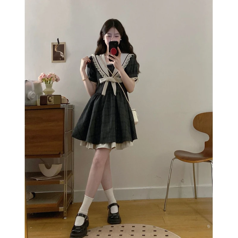 大码女装夏季学院风减龄海军领蝴蝶结小众格纹撞色A字显瘦连衣裙