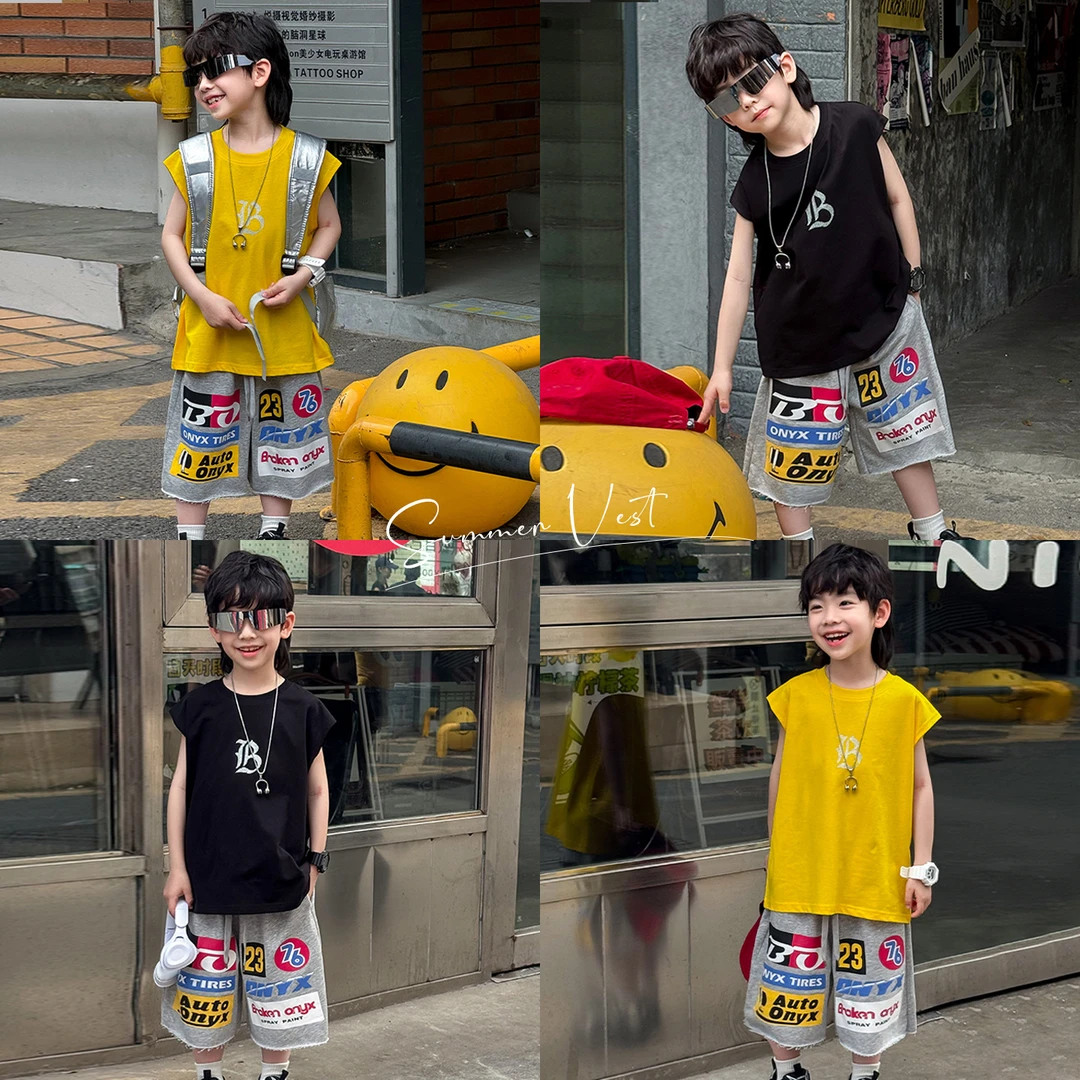 【特】2025男童夏款童装潮酷前后银色字母印花无袖儿童背心FX5033