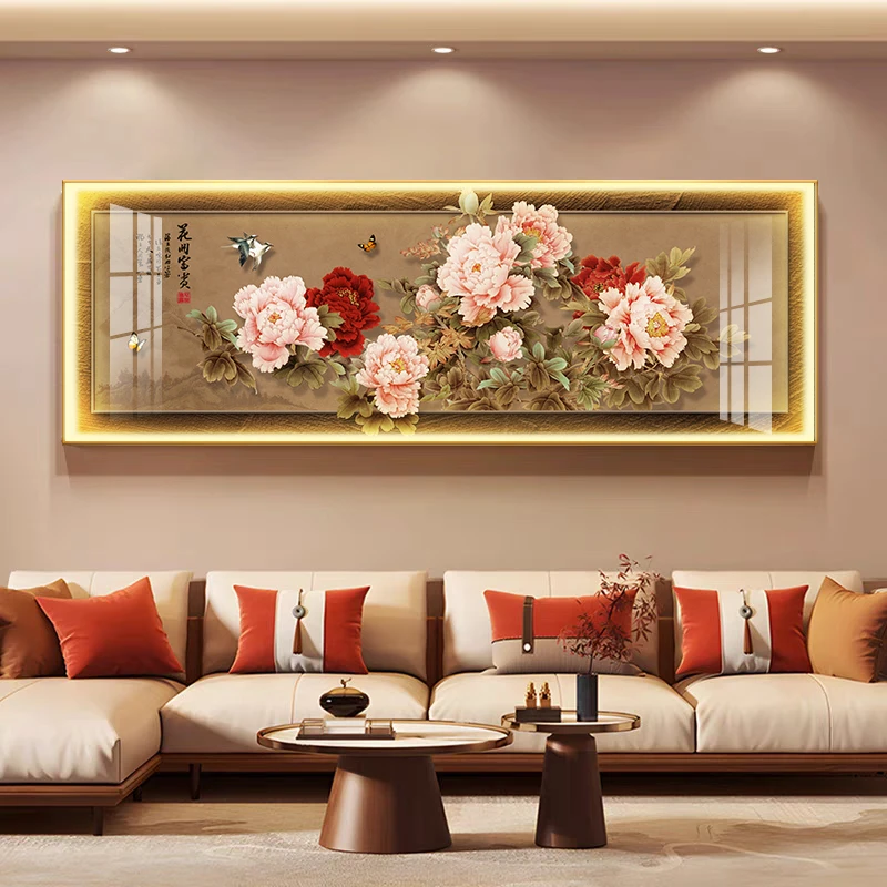 花开富贵客厅装饰画中式高级感沙发背景墙挂画led带灯花鸟图壁画