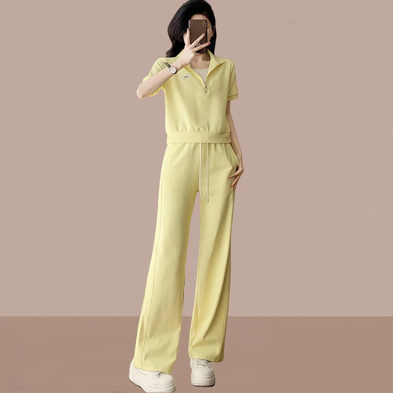 休闲简约减龄时尚运动服套装女2026夏季新款半拉链上衣长裤两件套