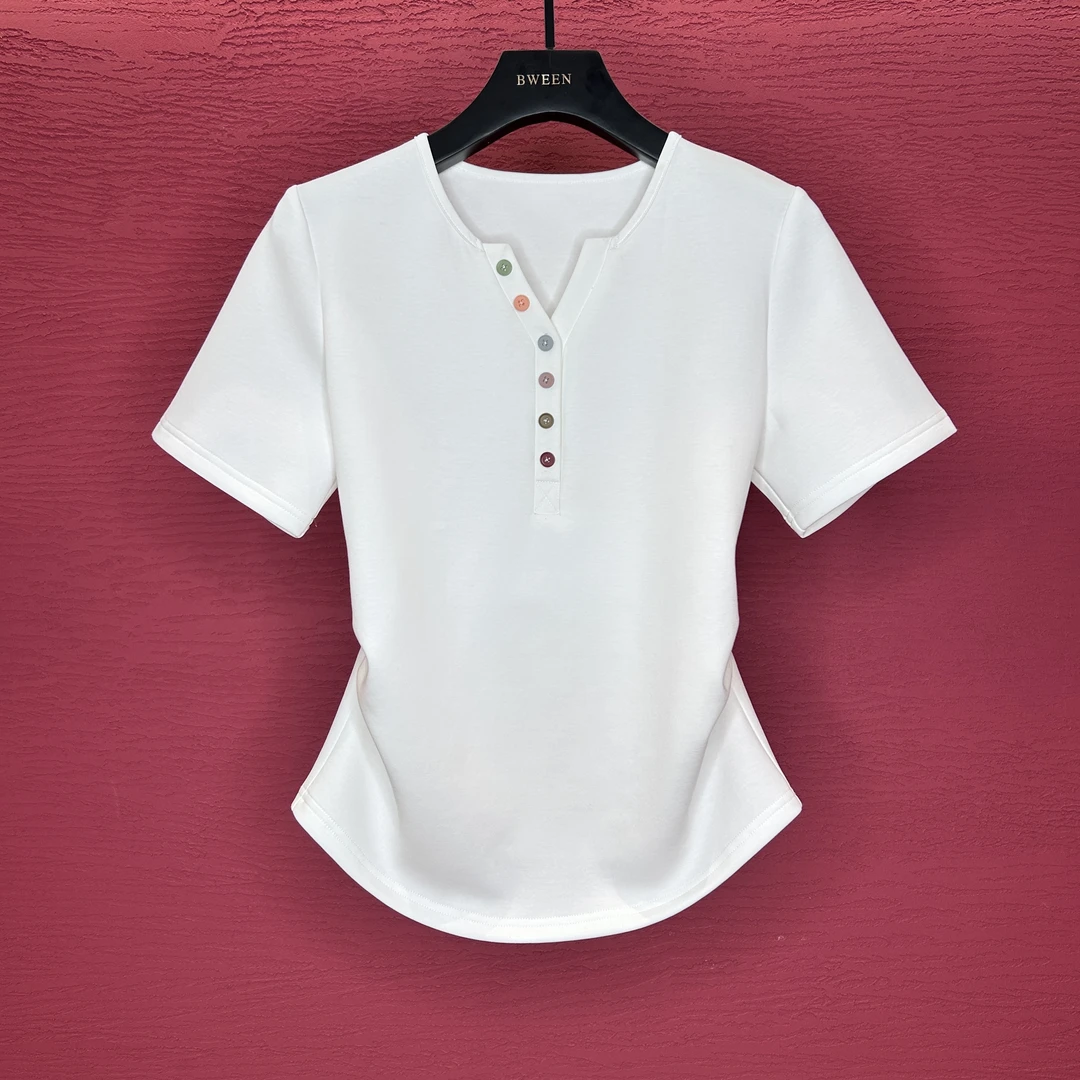 【多巴胺糖果扣】25年夏季小V领多巴胺糖果扣显瘦时尚短袖T恤