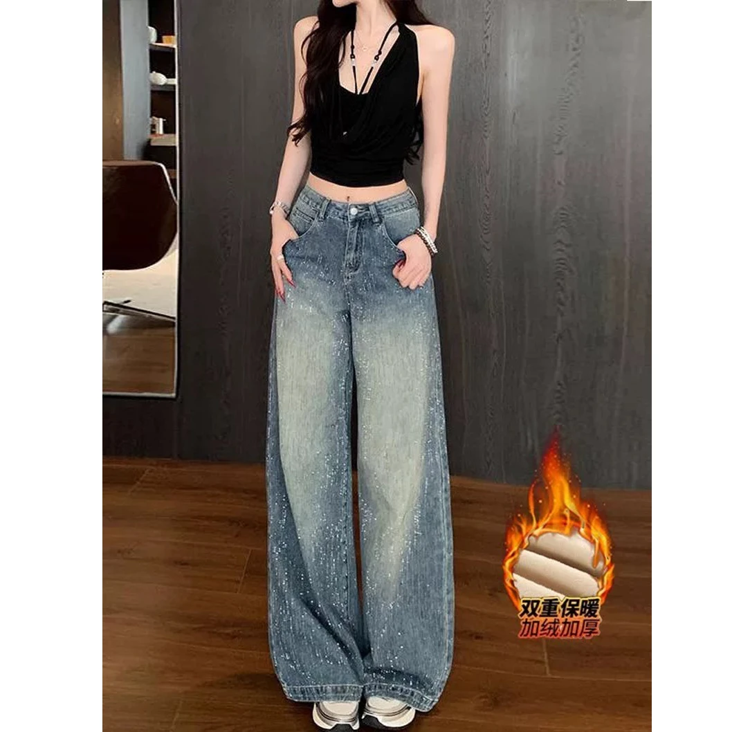 加绒满天星河烫钻阔腿牛仔裤女2025冬季高腰宽松高级感拖地裤2022