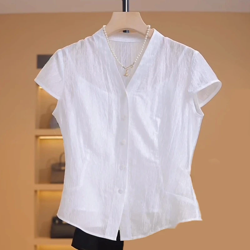 【醋酸面料】无袖薄款衬衫女时尚轻奢小衫女2025夏季设计感V领衬衣