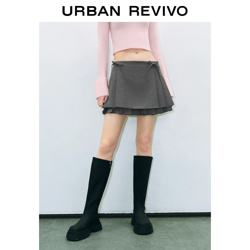 UR2025秋季新款女装格雷系学院风蝴蝶结饰百褶半裙UYV550044+