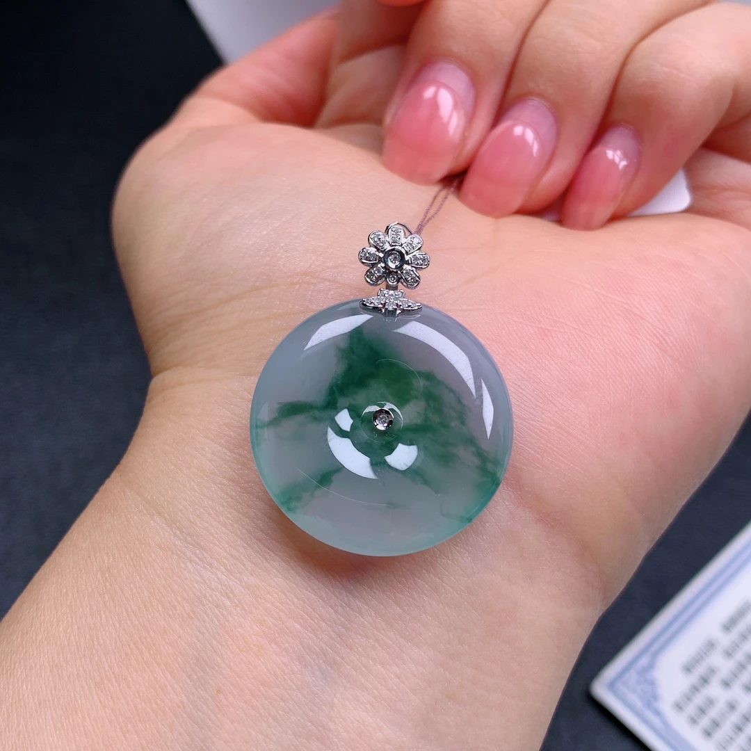 天然缅甸翡翠A货18k冰飘花平安扣气质精美尺寸32.2+25.3+5.8