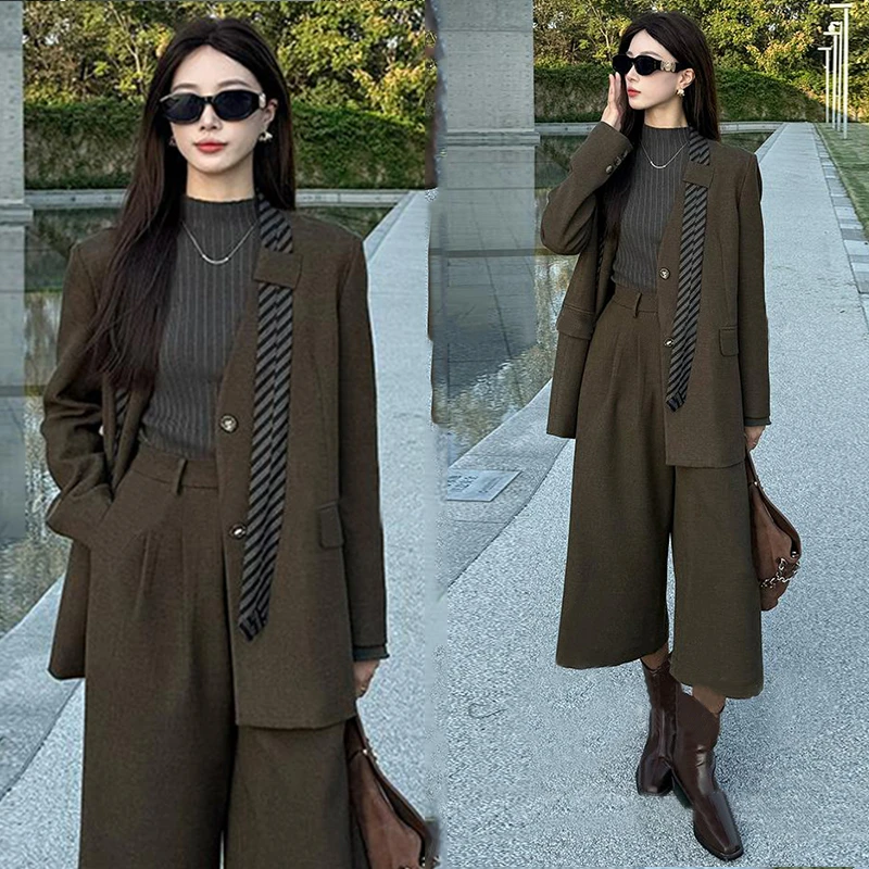 秋季气质老钱风灰色西装阔腿裤套装爆款高级感三件套