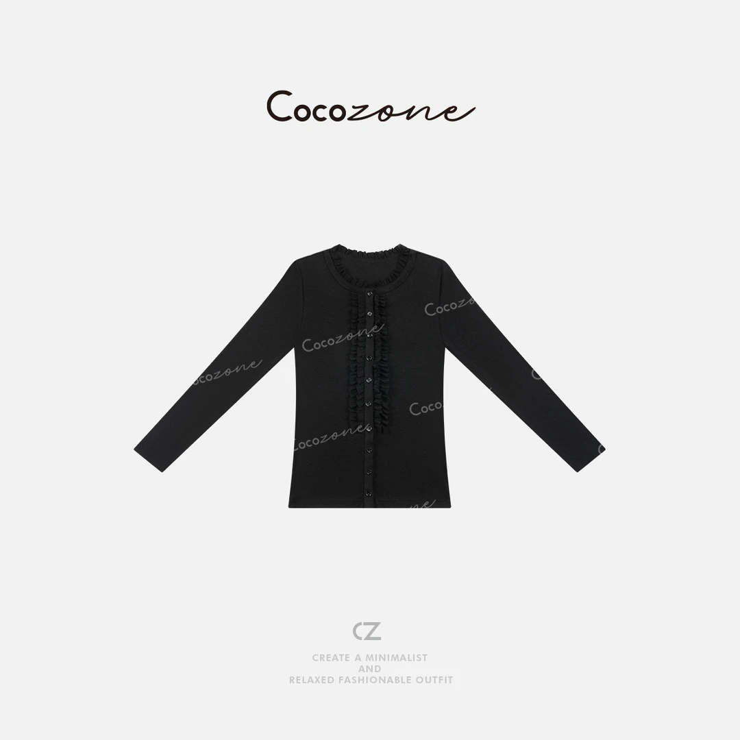 COCO ZONE 刘一一 新款拼接木耳边边单排扣针织衫CD2A0290