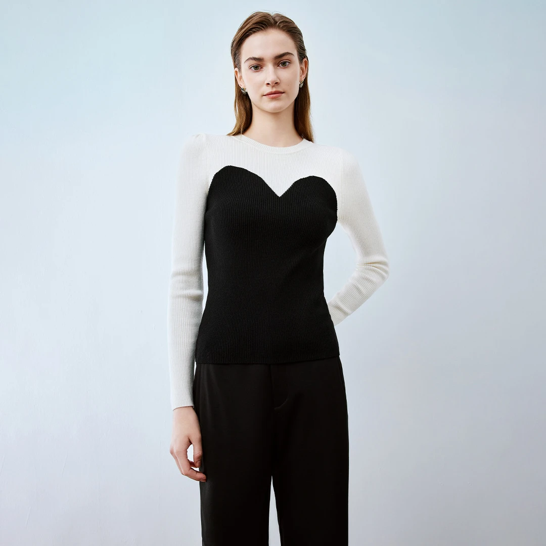 【诗语专属】含绵羊毛衣服女秋款针织衫2024百搭修身显瘦拼色套头衫