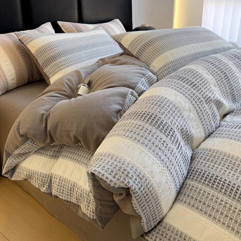 100%纯棉华夫格提花四件套简约全棉床单被套宿舍单人床笠款三件套