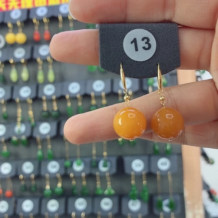 蜜蜡18K金镶嵌耳饰