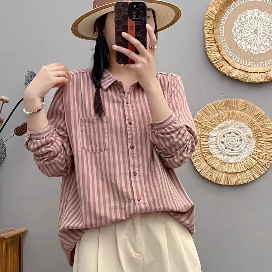 春季新款复古文艺条纹双层棉纱长袖衬衫女宽松时尚百搭纯棉上衣女