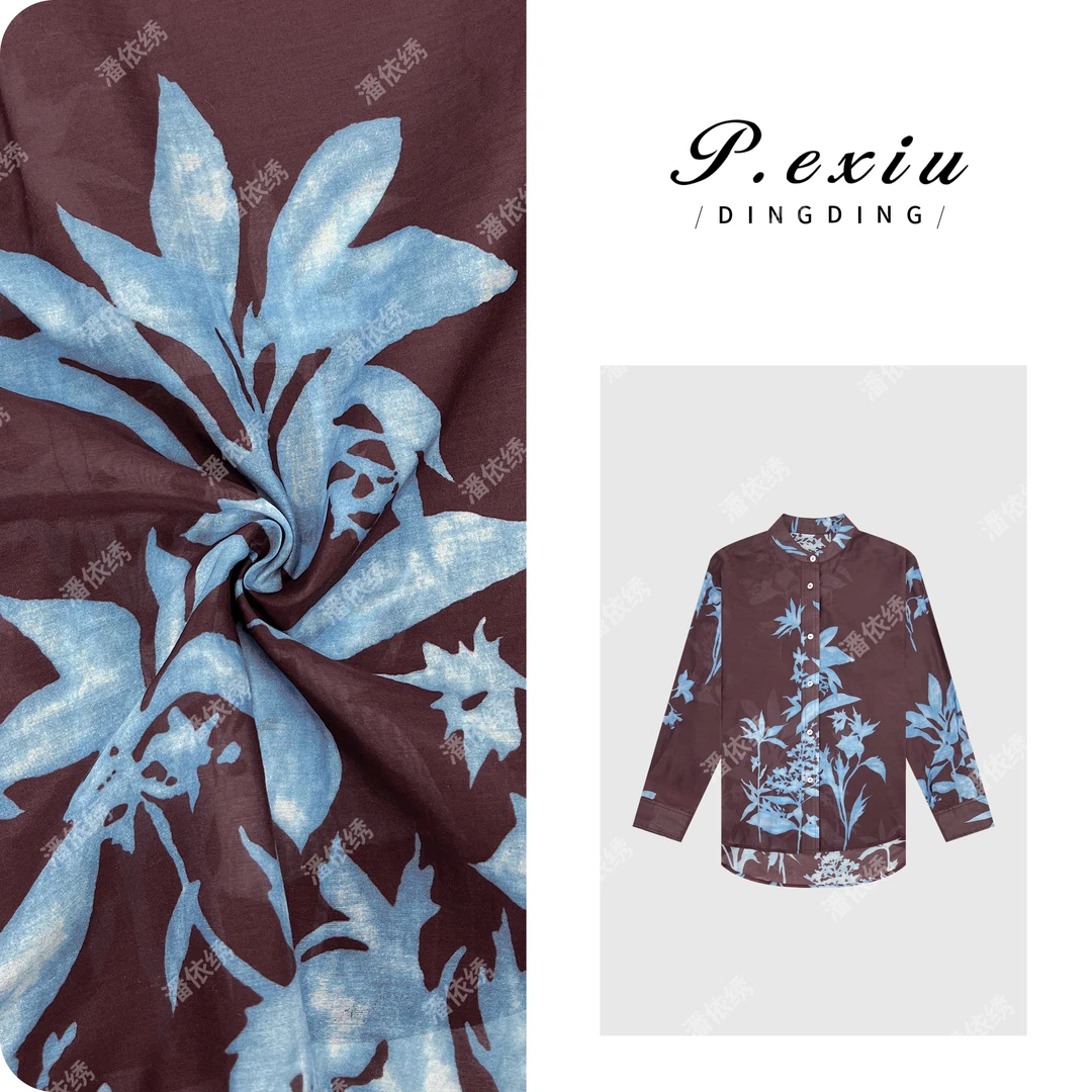 PanYiXiu/潘依绣【水墨诗意】桑-蚕-丝花卉撞色印花长袖衬衣W-62867