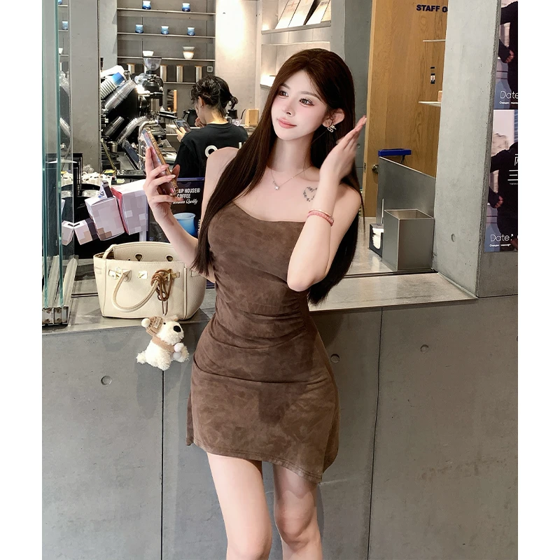 纯欲性感甜辣风不规则复古小众吊带裙收腰显瘦扎染连衣裙A字裙