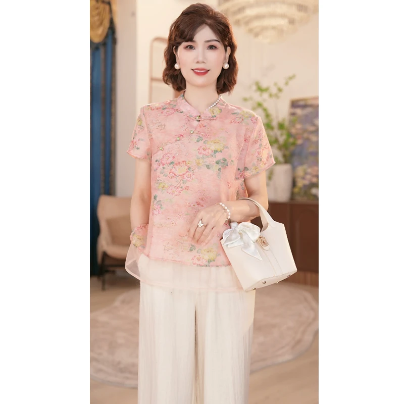 2025新款妈妈装夏季时尚气质中年女装宽松新中式提花小衫套装