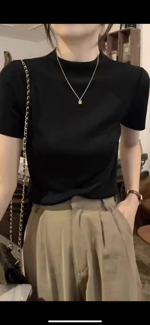 蛋糕领 针织毛衣 有弹力短袖立领秋冬修身网纱针织纯色半袖简约