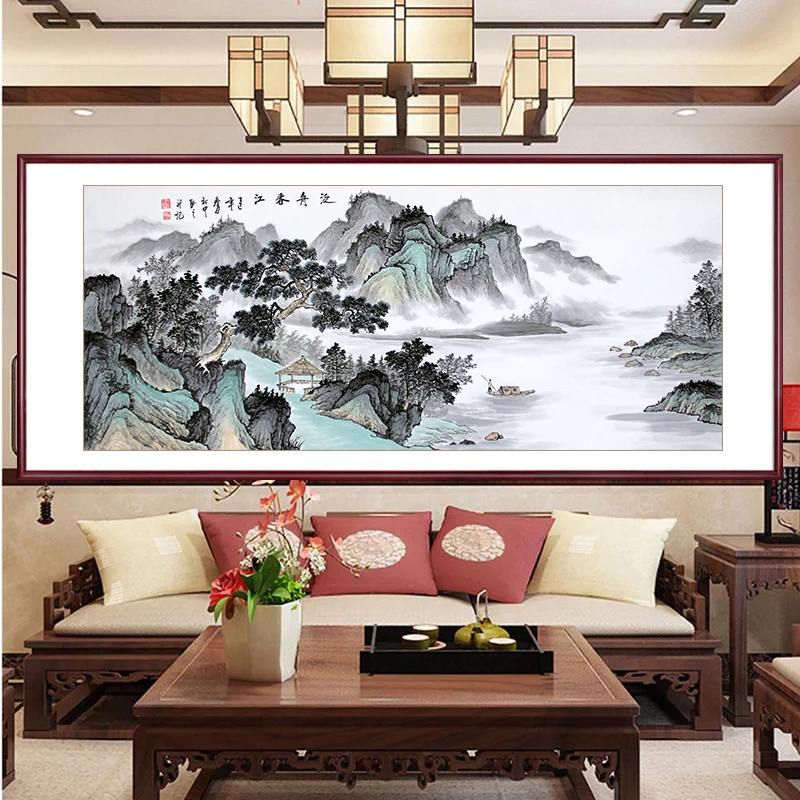 国画山水画客厅国画纯手绘中式装饰画沙发背景墙画水墨泛舟春江图