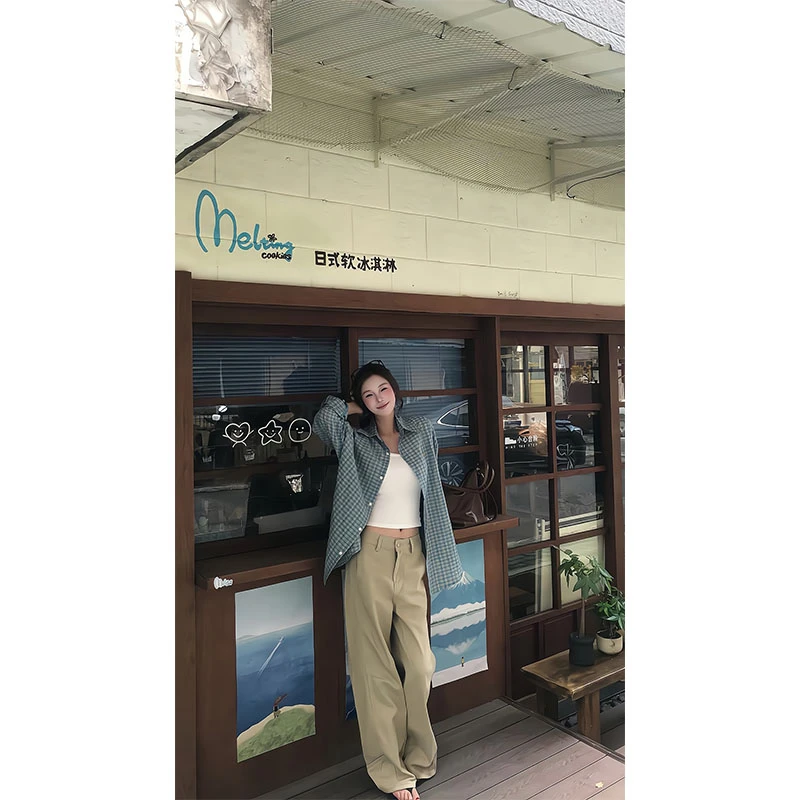 蓝色格子长袖衬衫女2025早秋新款宽松休闲外套显瘦休闲宽松阔腿裤